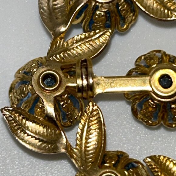 Vintage Gold-Tone Brooch With Blue Crackle Glass Stones & Leaf Design Rivet Set - Picture 16 of 16